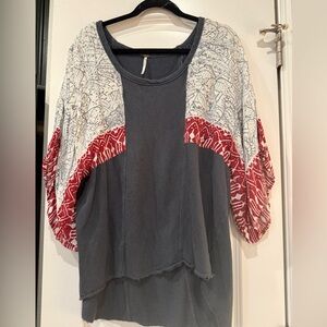 Free People Navy Mixed-Print Dolman Pullover with Red and White Panels
